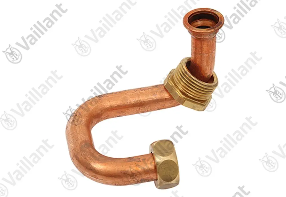 Kupferrohr mit einem gebogenen Ende und mehreren Gewinden, produziert von Vaillant. Das Rohr weist eine spezielle Form auf.